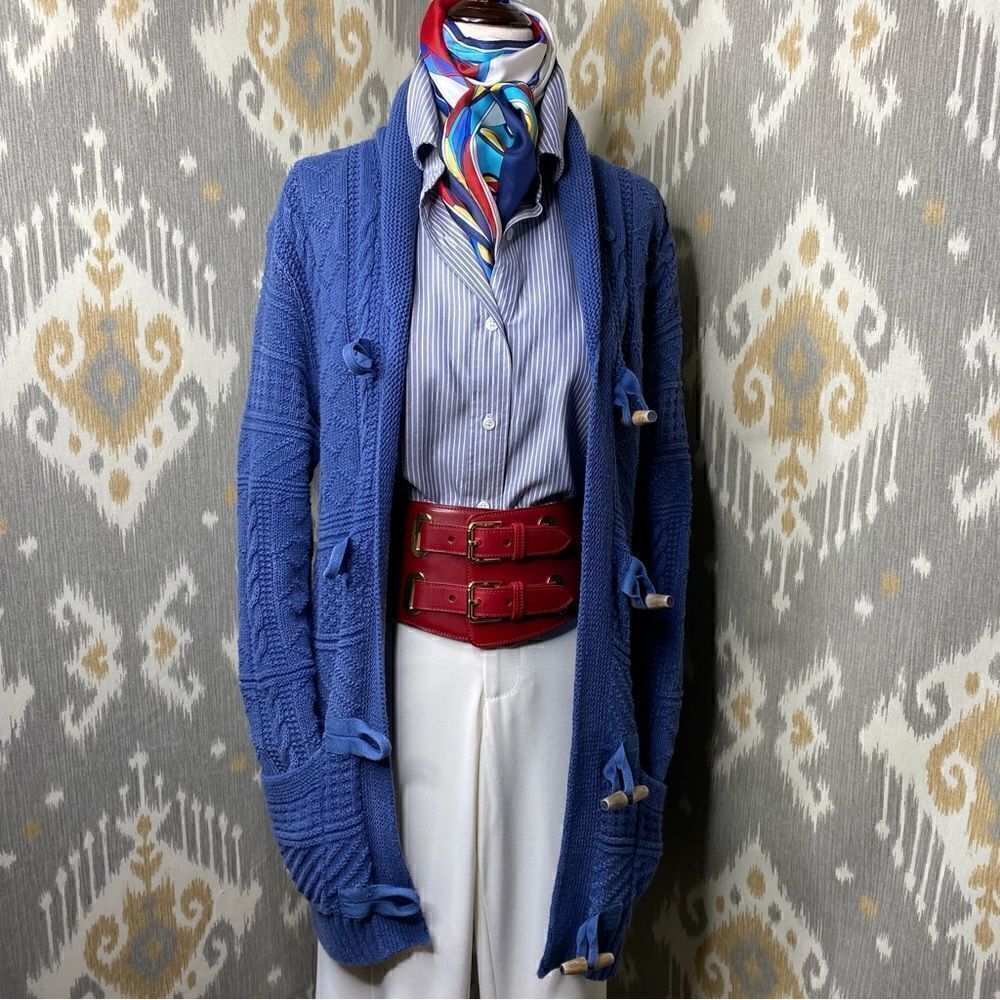 Ralph Lauren Sun Fade Blue Cotton Nautical Inspired Toggle Cardigan Sweater